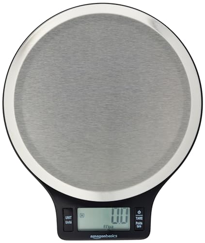 Amazon Basics Digital kitchen scales with LCD display (with batteries), Black and Stainless Steel, BPA free, Weighs up to 11 pounds