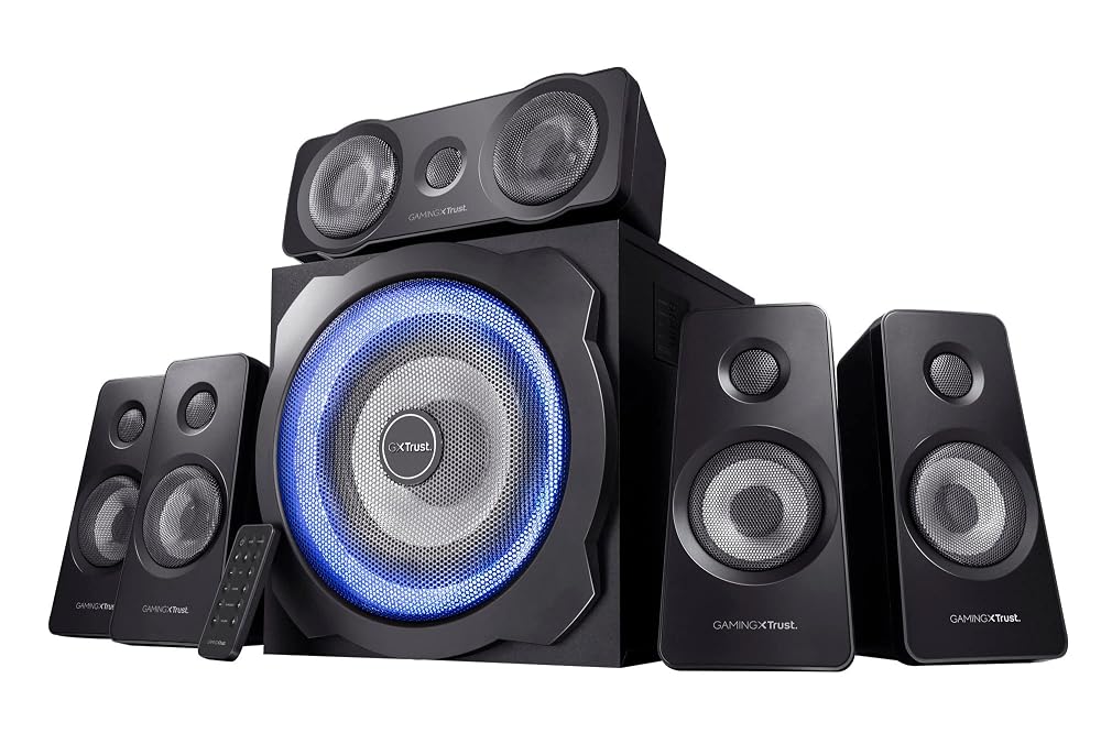 GXTrust Tytan 5.1 Surround Sound Speaker System 180W with Subwoofer, UK Plug, Black/Blue LED Illuminated Speakers