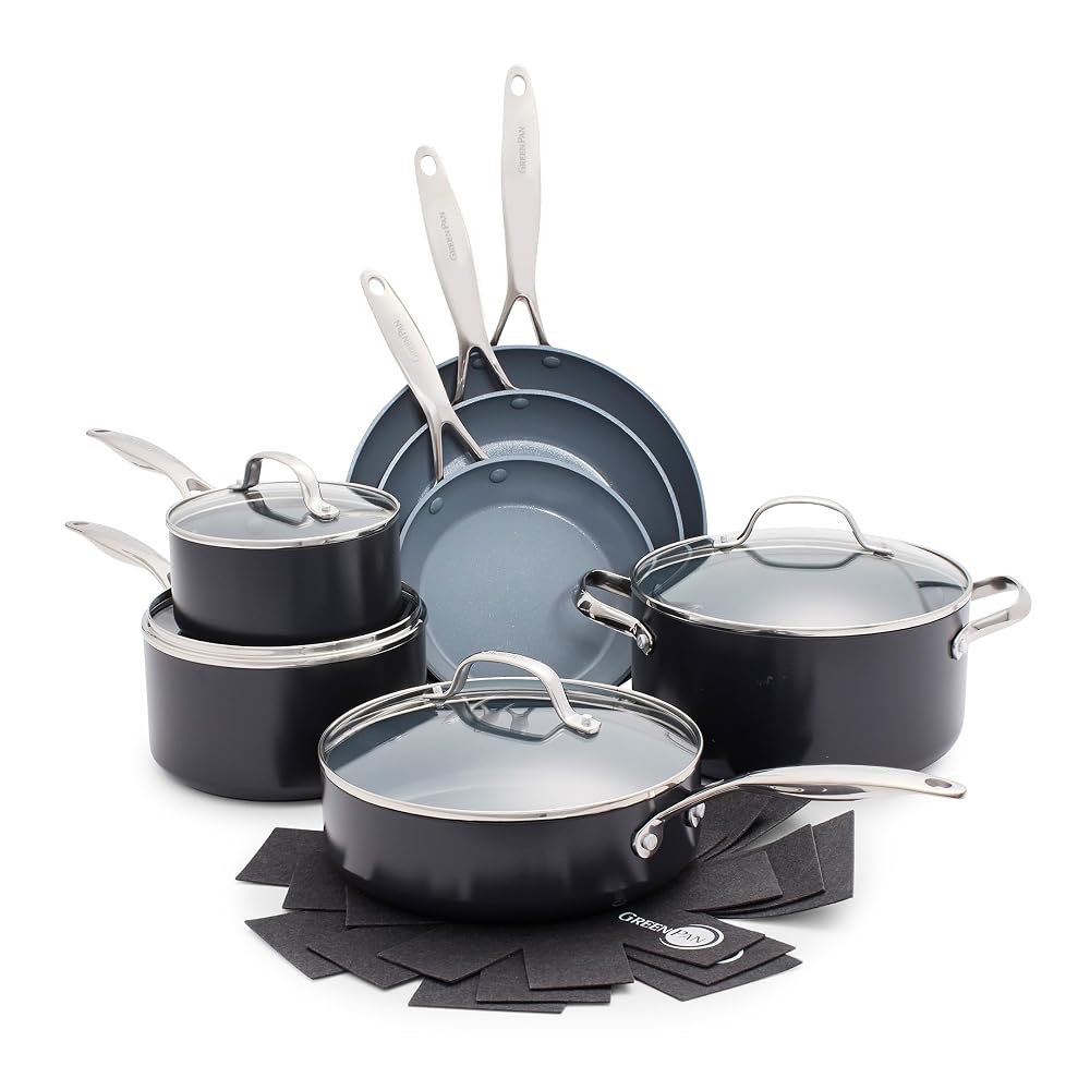 GreenPan Valencia Pro Hard Anodised Healthy Ceramic Non-Stick 11-Piece Cookware Set, PFAS-Free, Induction, Oven Safe, Grey