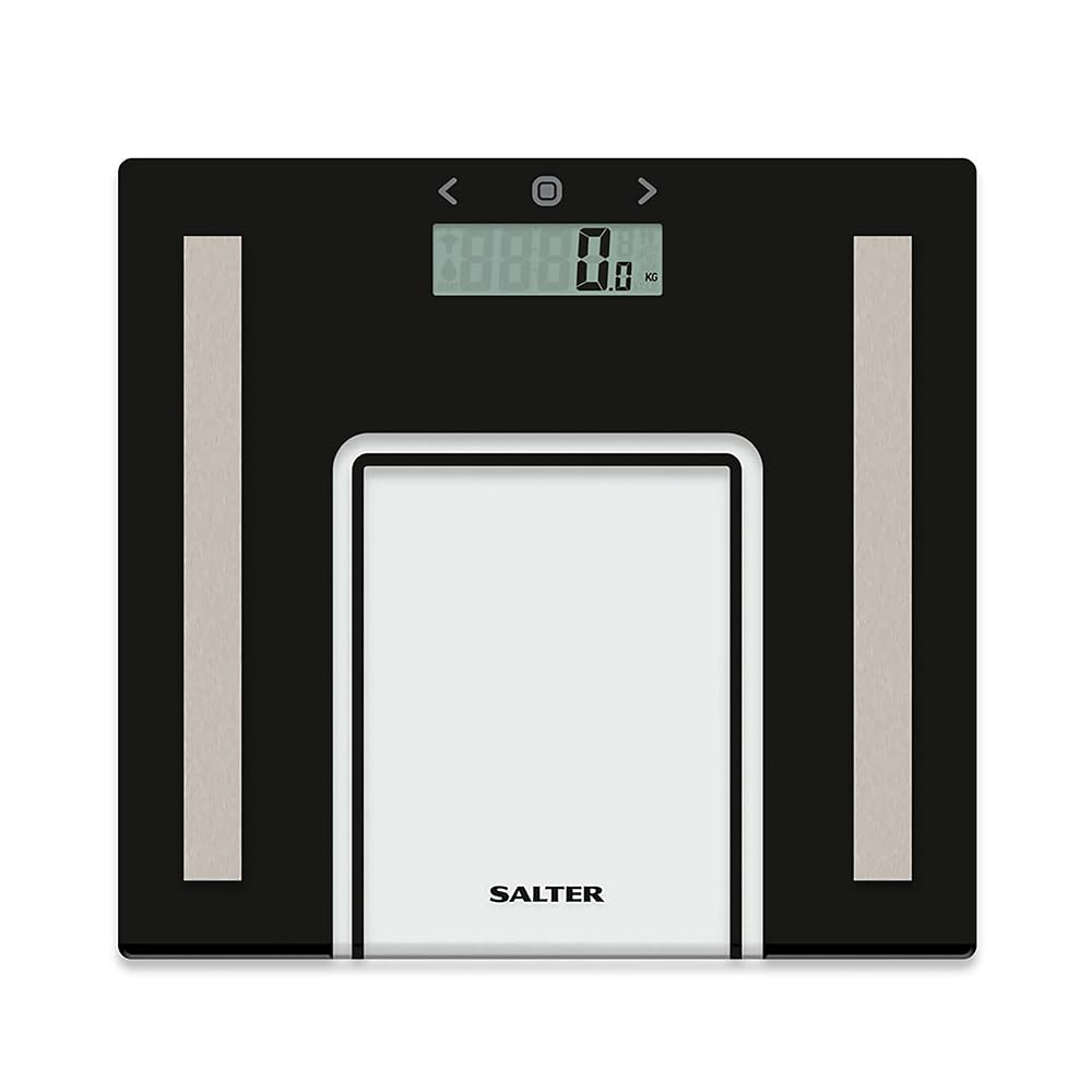 Salter Glass Analyser Bathroom Scale, 180kg Maximum Capacity, 8 User Memory, Body Fat/Water, BMI, Black