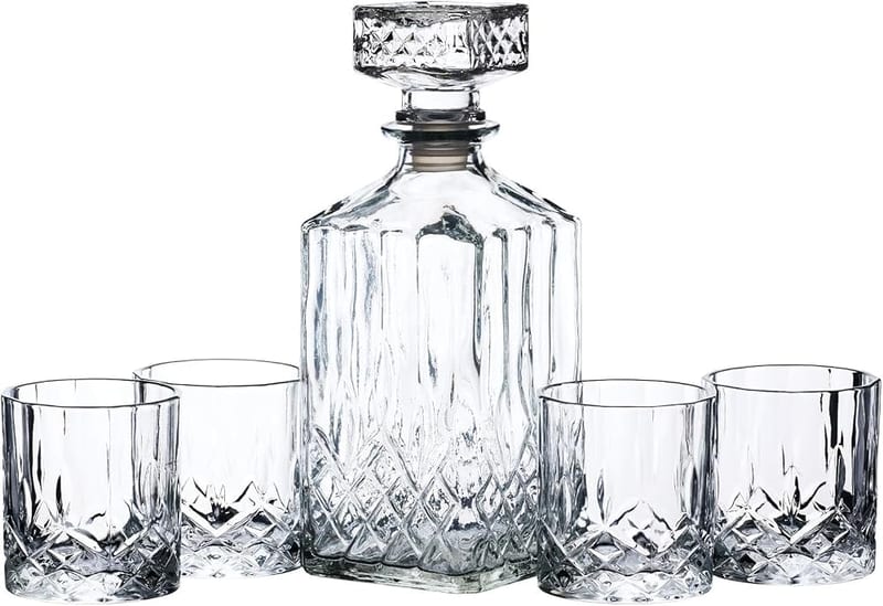 BarCraft Whisky Decanter and Glass Gift Set, Cut Glass 5-piece Set, 900ml Decanter with Silicone Seal Stopper and 4x Tumblers