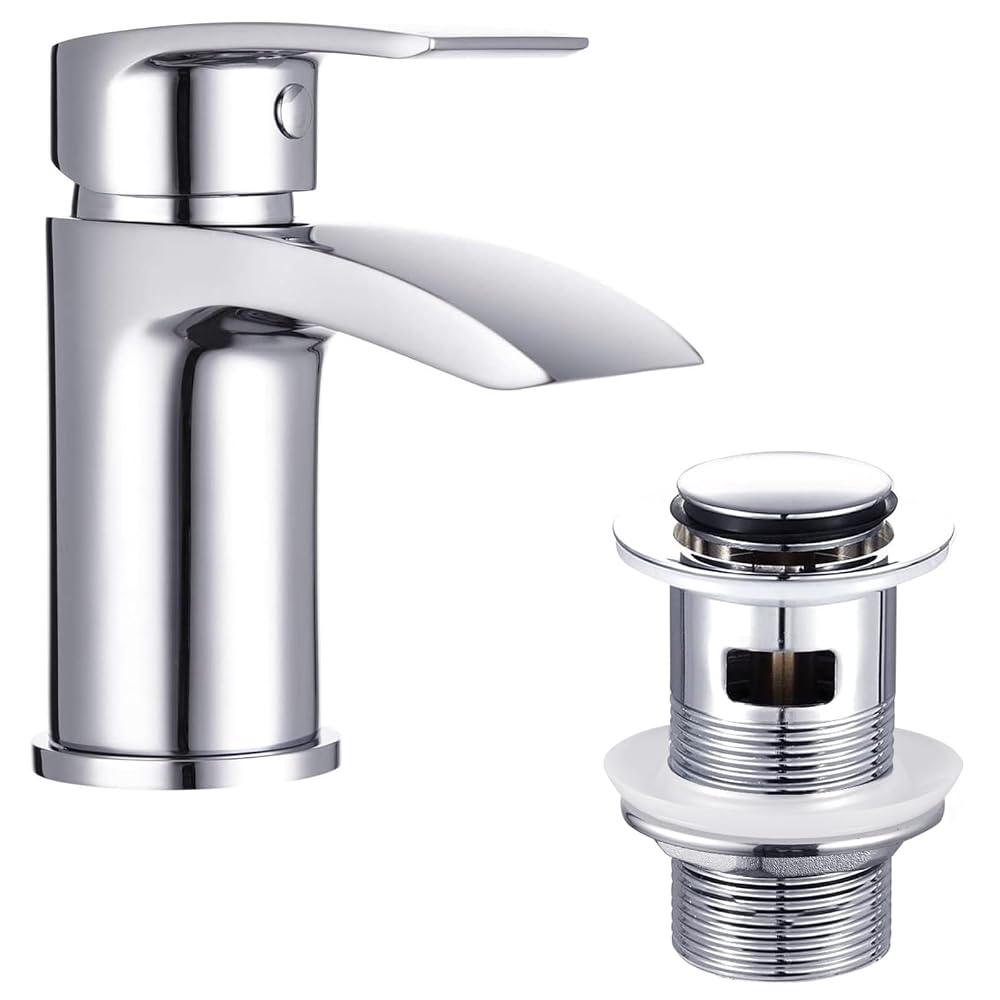 Funime Basin Taps Mixer Waterfall Bathroom Sink Tap, Mono Chrome with Pop-Up Waste