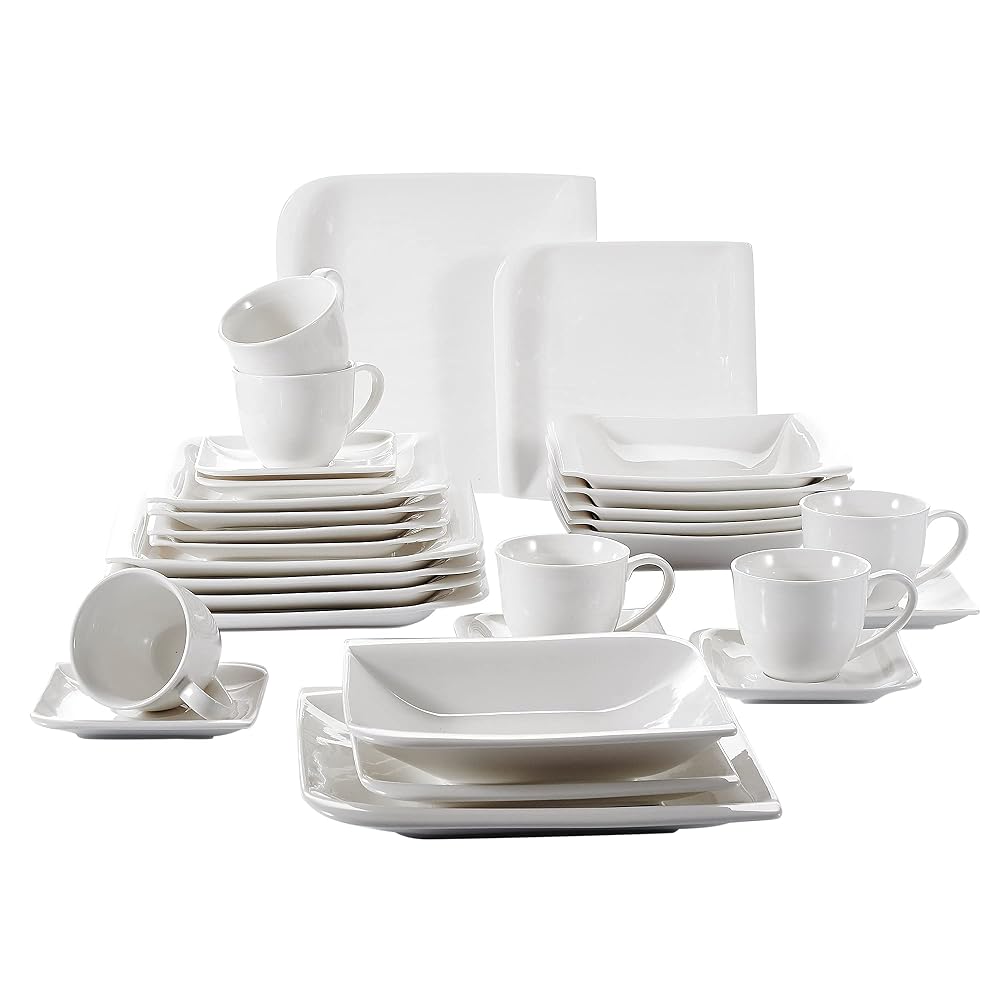vancasso Porcelain Dinner Set Ivory White Dinner Service, 30 Piece Yolanda Square Dinnerware Set with Dinner Plate, Dessert Plate, Soup Plate, Cup and Saucer, Service for 6