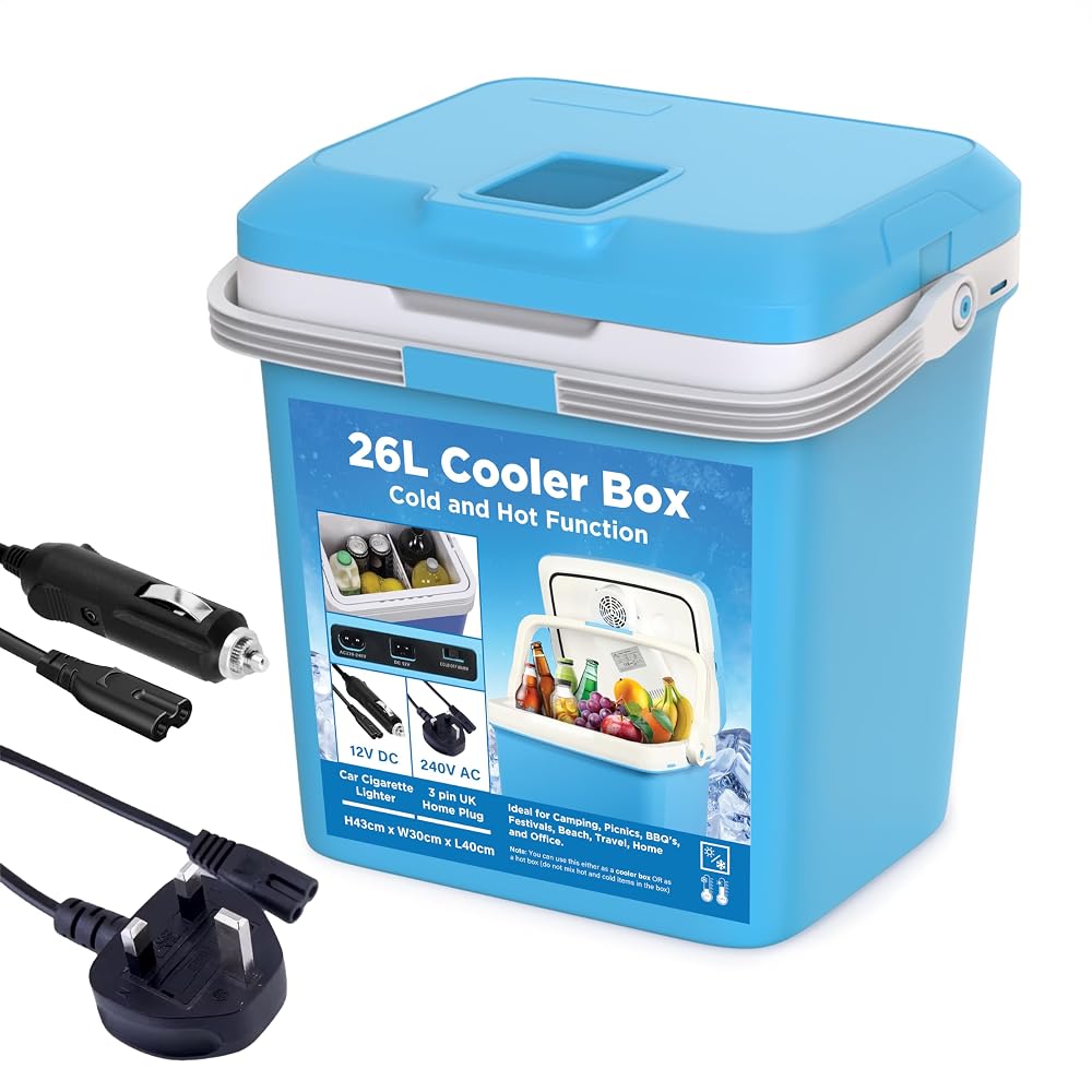 Electric Cooler Box of 26L, Large Cool Box Powered By 12V In-Car Cigarette Lighter Socket or UK 3 Pin Plug