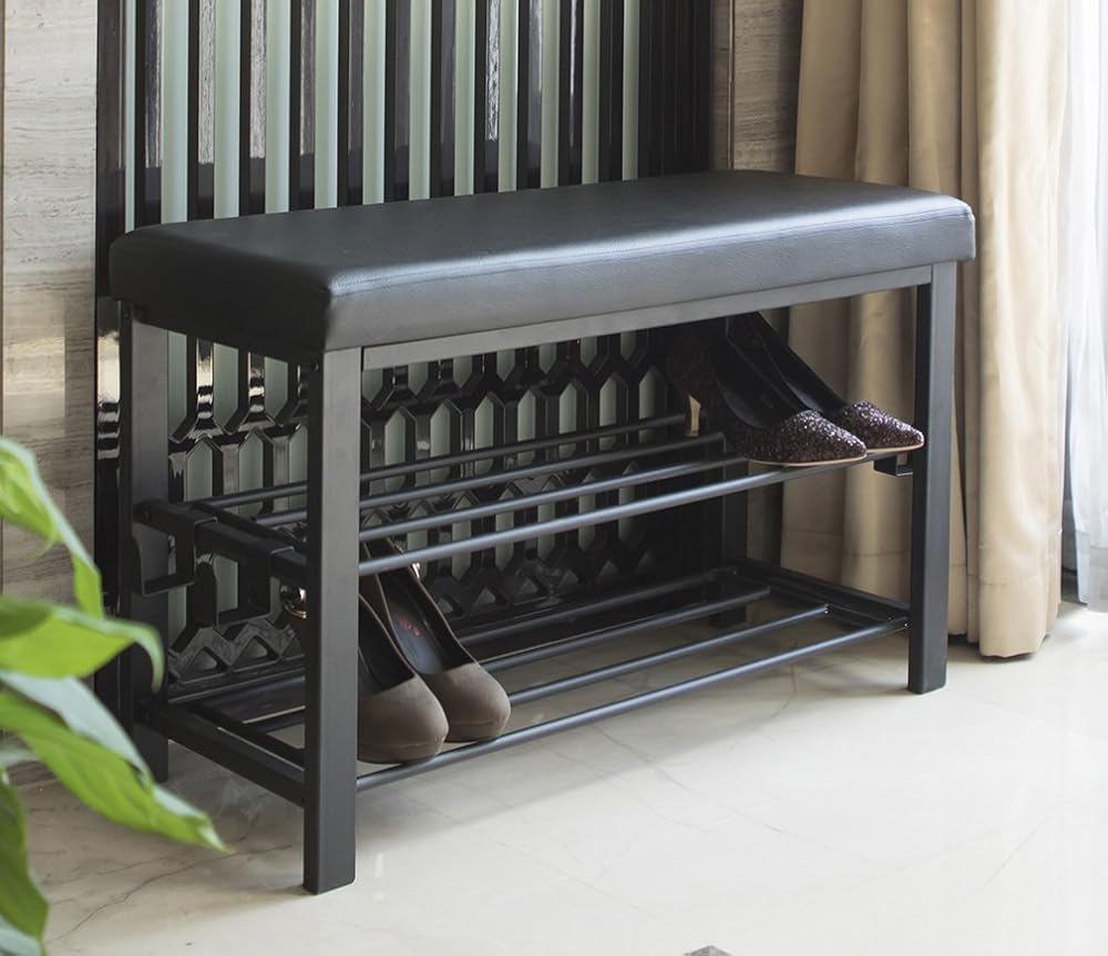 Finnhomy Shoe Rack with Padded Seat, 3-Tier Entryway Bench, Black