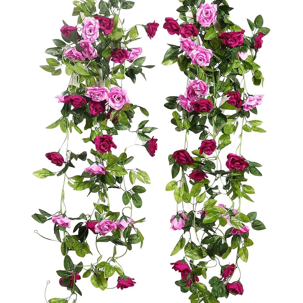 JUSTOYOU 2pcs Artificial Rose Garland, Fake Silk Flower Rattan Vine for Wall, Wedding Arch, and Home Décor