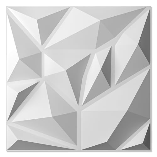Art3d Textures 3D Wall Panels Diamond Design, 32 Sq.Ft PVC Interior Wall Decor for Living Room, Bathroom, Kitchen, Pack of 12 Tiles, 19.7 x 19.7 Inch, White