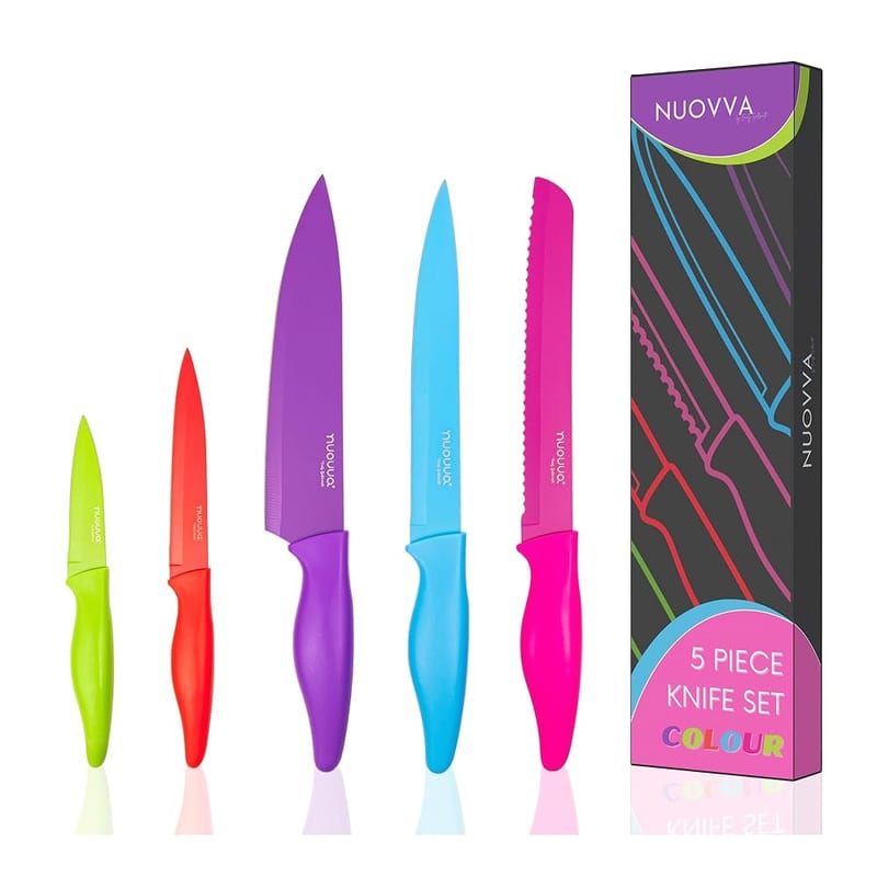 nuovva Kitchen Knife Set with Colour Coding, 5 Piece Coloured Knives Set, Stainless Steel