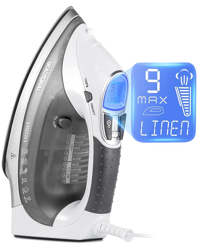 BEAUTURAL Steam Iron with LCD Display & Double Ceramic Coated Soleplate, 2400W, 3-Way Auto-Off, 9 Preset Temperature and Steam Settings, 340ml Tank & 8ft Power Cord, White/Grey