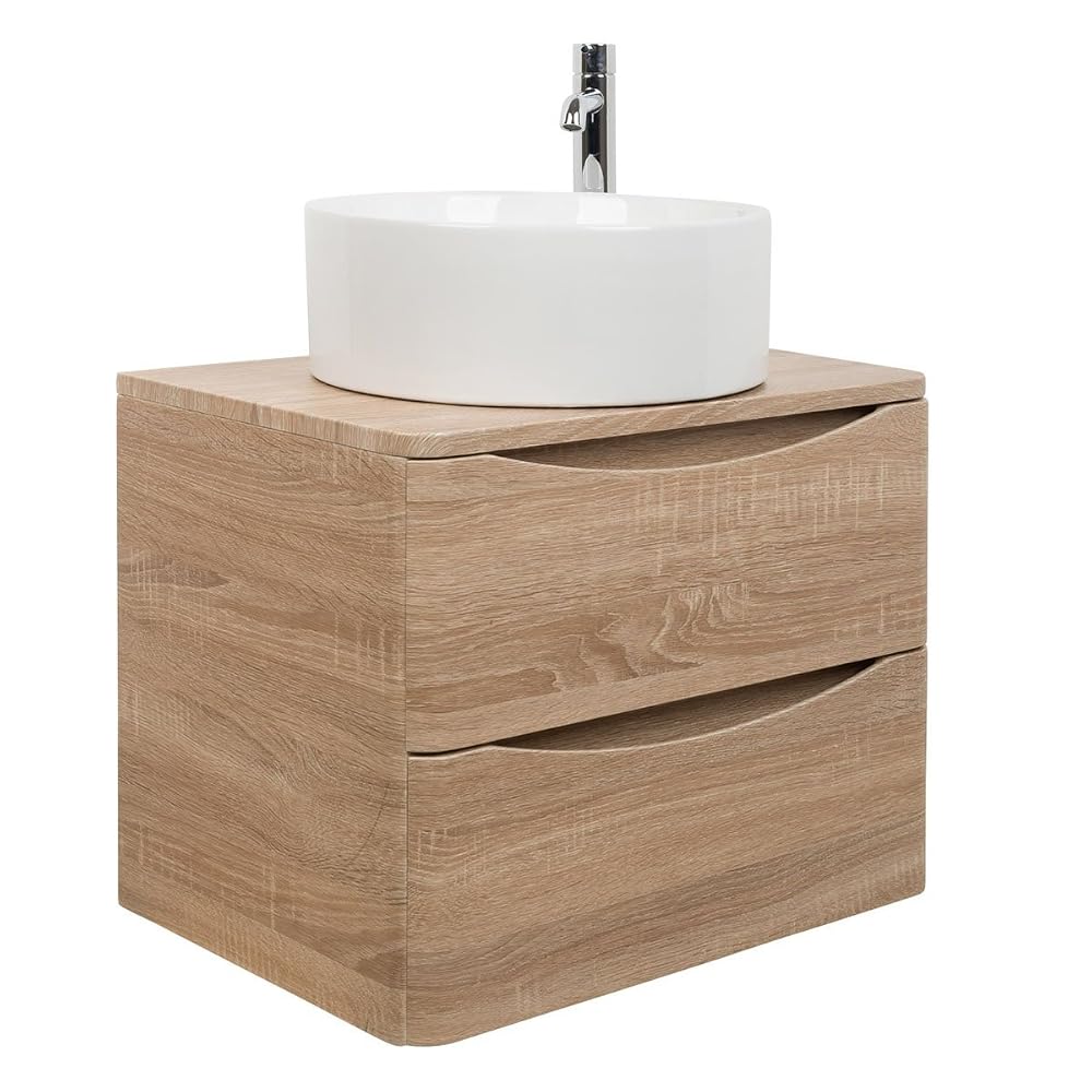 Aquariss Light Oak 600mm Bathroom Wall Hung Vanity Unit with Round Countertop Basin Sink, Soft Close Drawers