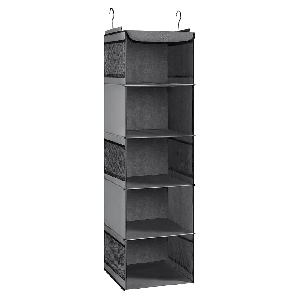 BrilliantJo Hanging Storage with 5 Shelves, Wardrobe Closet Organiser with 6 Pockets, Grey