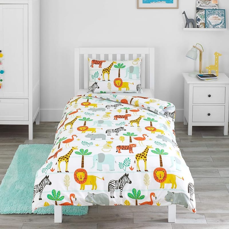 Bloomsbury Mill - Cot Bed Duvet Cover Set - Toddler Bedding for Boys and Girls - Safari Adventure - Jungle Animals - Cot Duvet Cover & Pillow Case Set - 120x150cm
