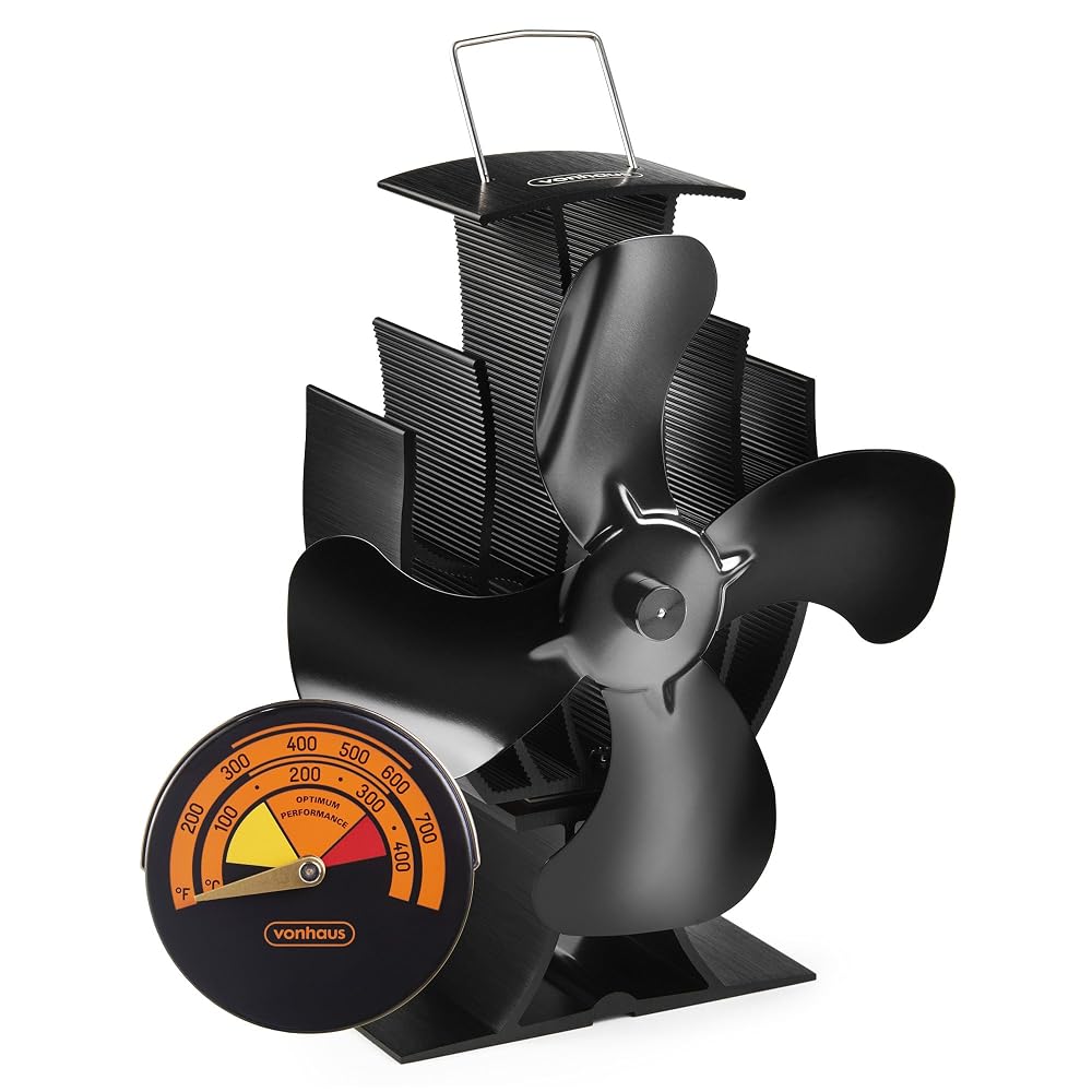 VonHaus Stove Fan, 4 Blade Log Burner Fire Fan with Thermometer