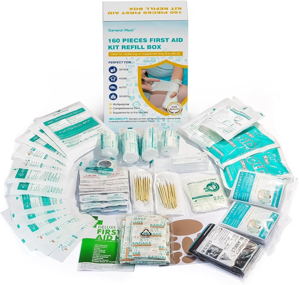 General Medi 160 Piece First Aid Kit Bag Refill Kit — Instant Cold Pack, Bandages, Emergency Blanket, Moleskin Pad, Gauze