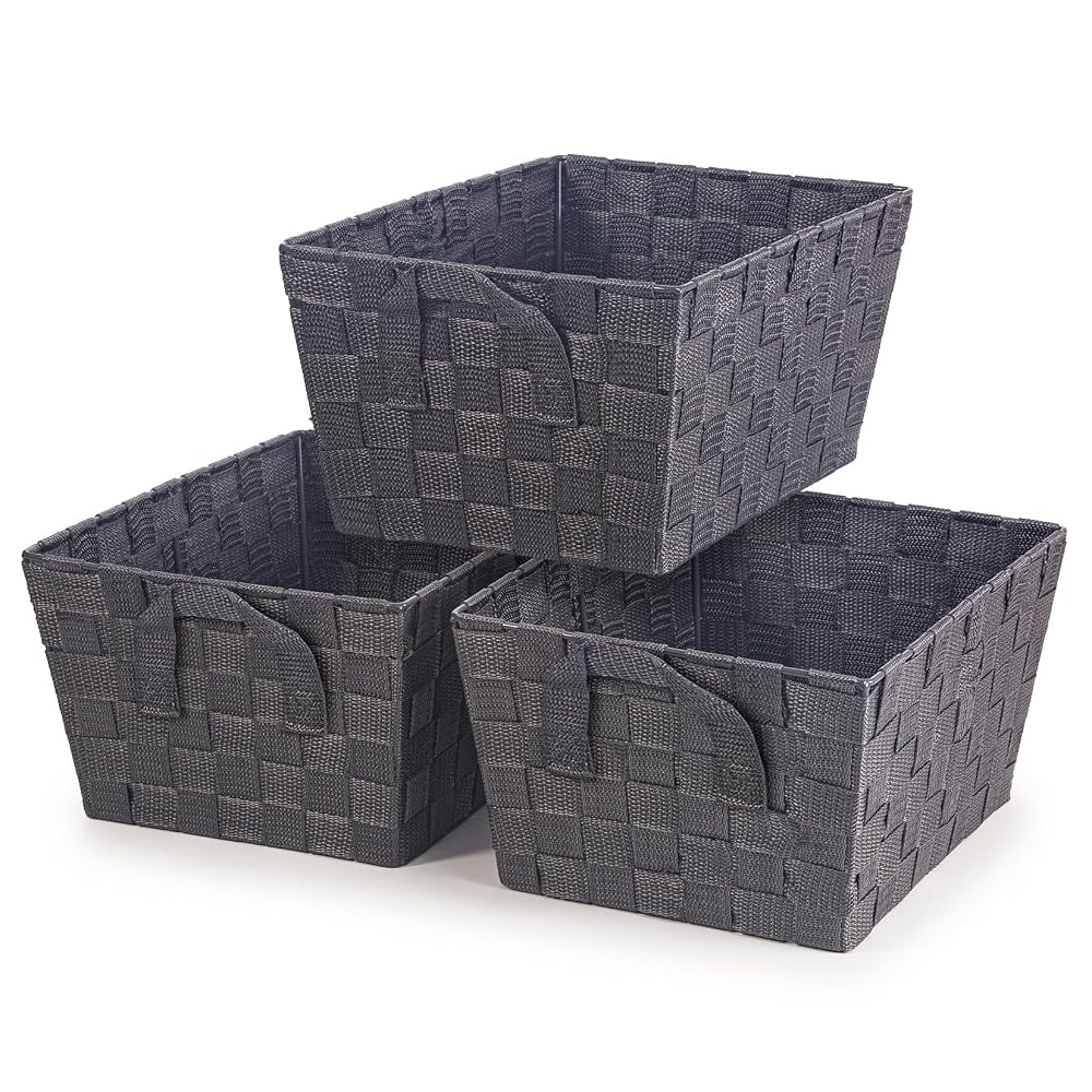 EHC Storage Baskets, Set of 3, Woven Strap Storage for Shelves, Grey