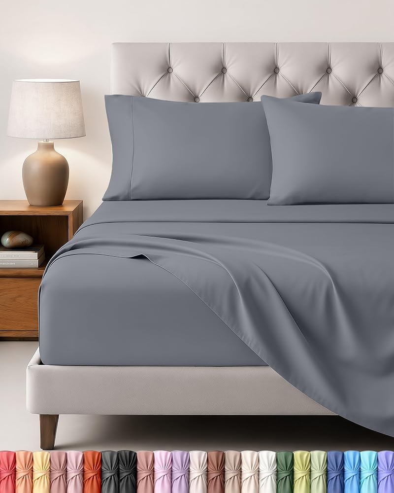 Utopia Bedding Bed Sheet Set, 4 Piece, Double, Grey, Brushed Microfibre with Fitted Sheet, Flat Sheet and 2 Pillowcases