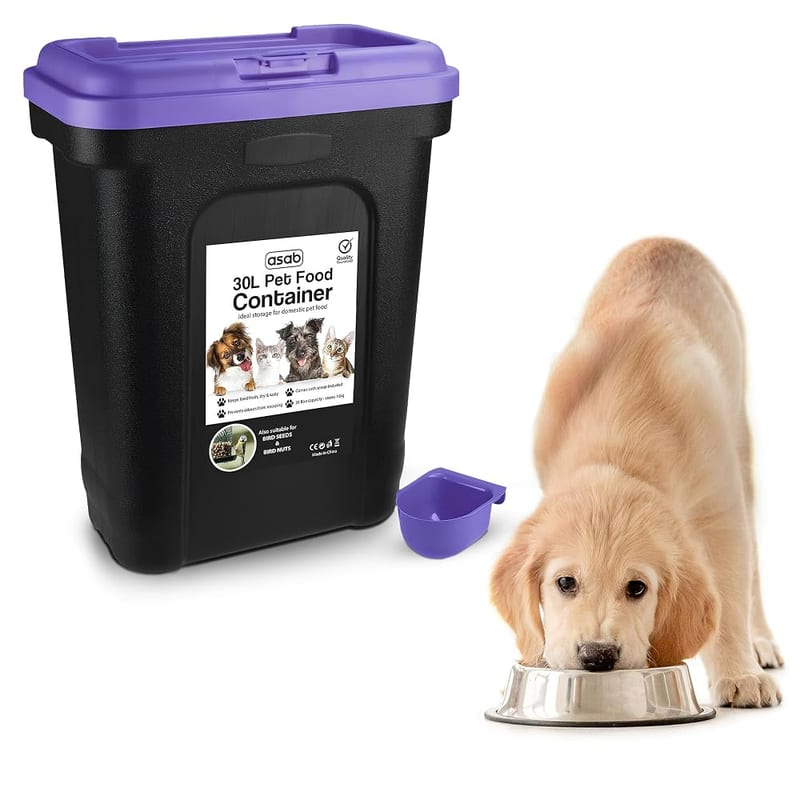 ASAB Pet Food Storage Container, Large 30L/15kg, Integrated Scoop and Flip Top Locking System, Purple
