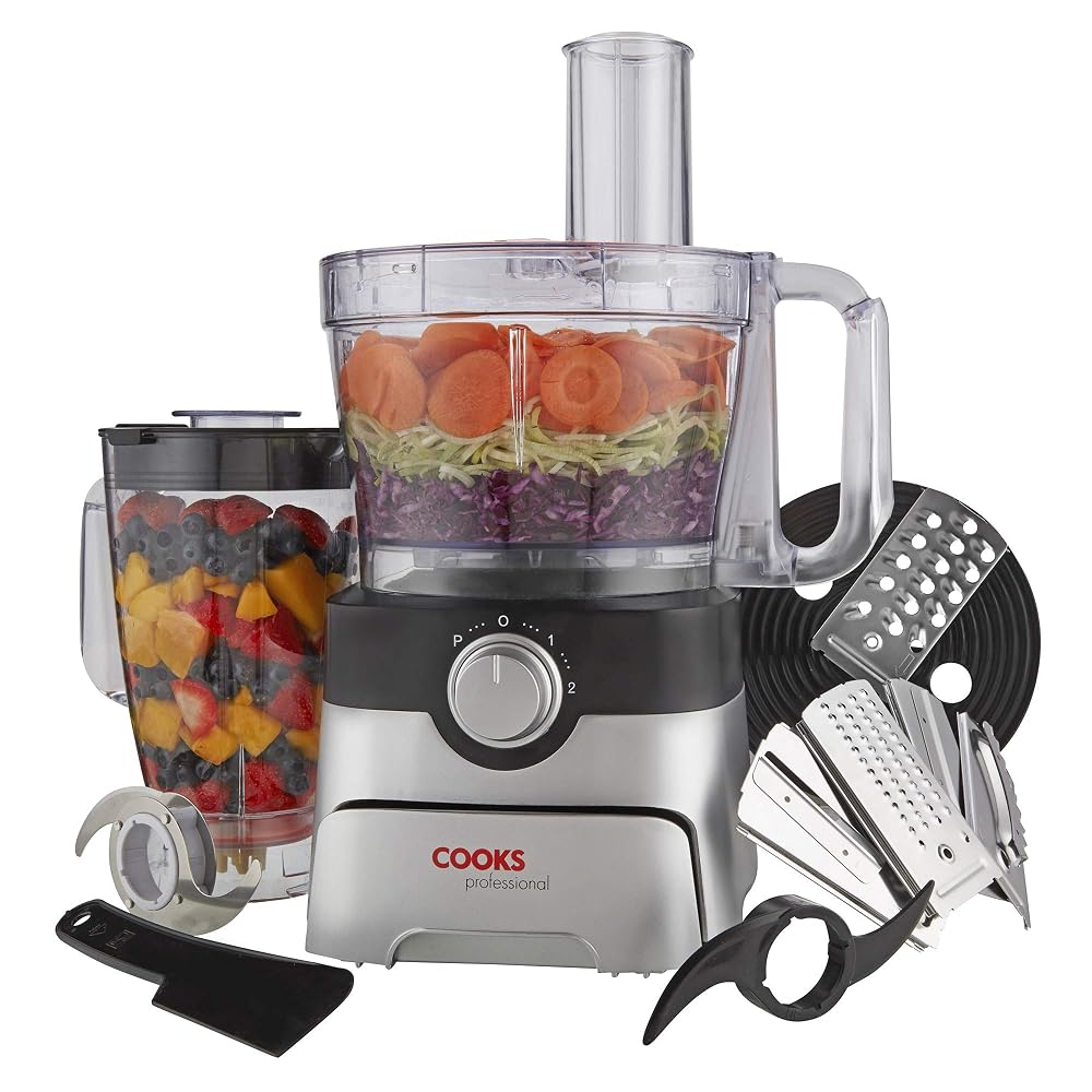 Cooks Professional Food Processor 1000W with 7 Blades, 2L Mixing Bowl & 1.8L Blender Jug, Black & Silver