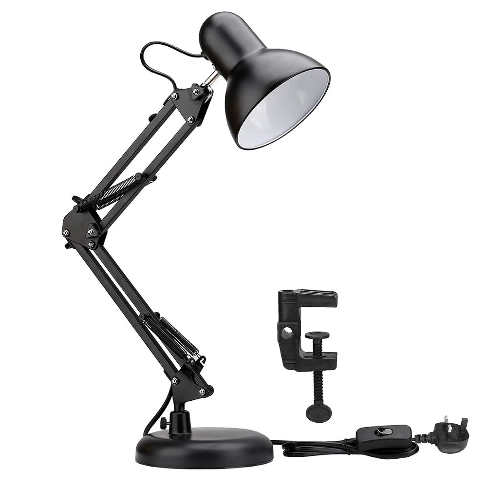 Lepro Desk Lamp, E27 Swing Arm Desk Lamp with Clamp, Classic Table Lamp, Sleek Black Metal, Adjustable Arm