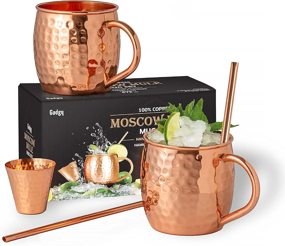 Gadgy Moscow Mule Mug Set - Cocktail Cup Set - Includes 2 Copper Mugs, 2 Straws, and a Jigger