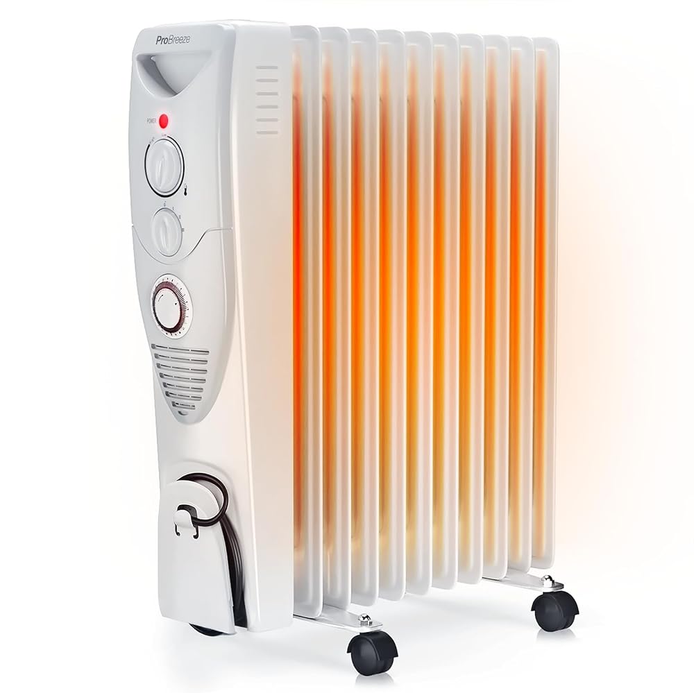 Pro Breeze Oil Filled Radiator with 11 Fins - Slim Electric Radiator with 24 Hour Timer, 3 Heat Settings, Adjustable Thermostat