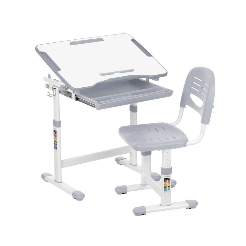 IKAYAA Kids Study Desk Chair Set Children Activity Art Tilting Table Set with Paper Roll Holder, Cup Holder, Height Adjustable, Grey