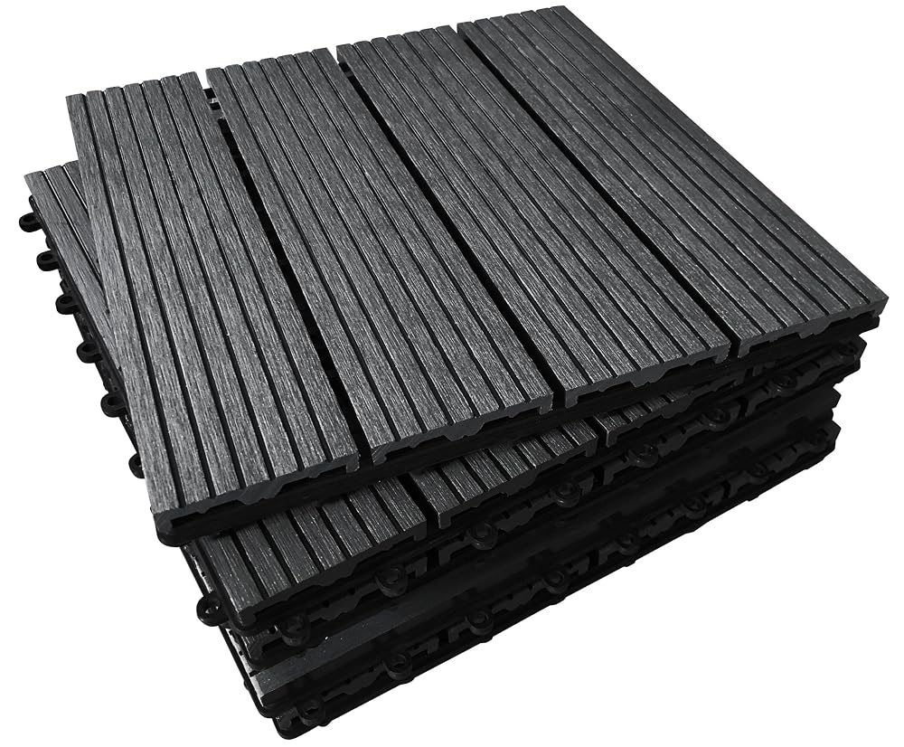 CLICK-DECK Composite Decking Tiles, 30x30cm Square Connect Flooring (144 Tiles, Ebony)
