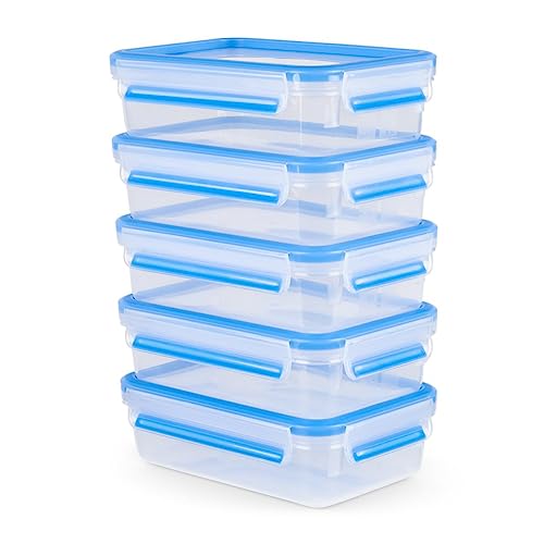 Tefal K3029012 MasterSeal Fresh Box, Plastic Food Storage Container Set, 100 Percent Leakproof, 5 Piece, Clear/Blue