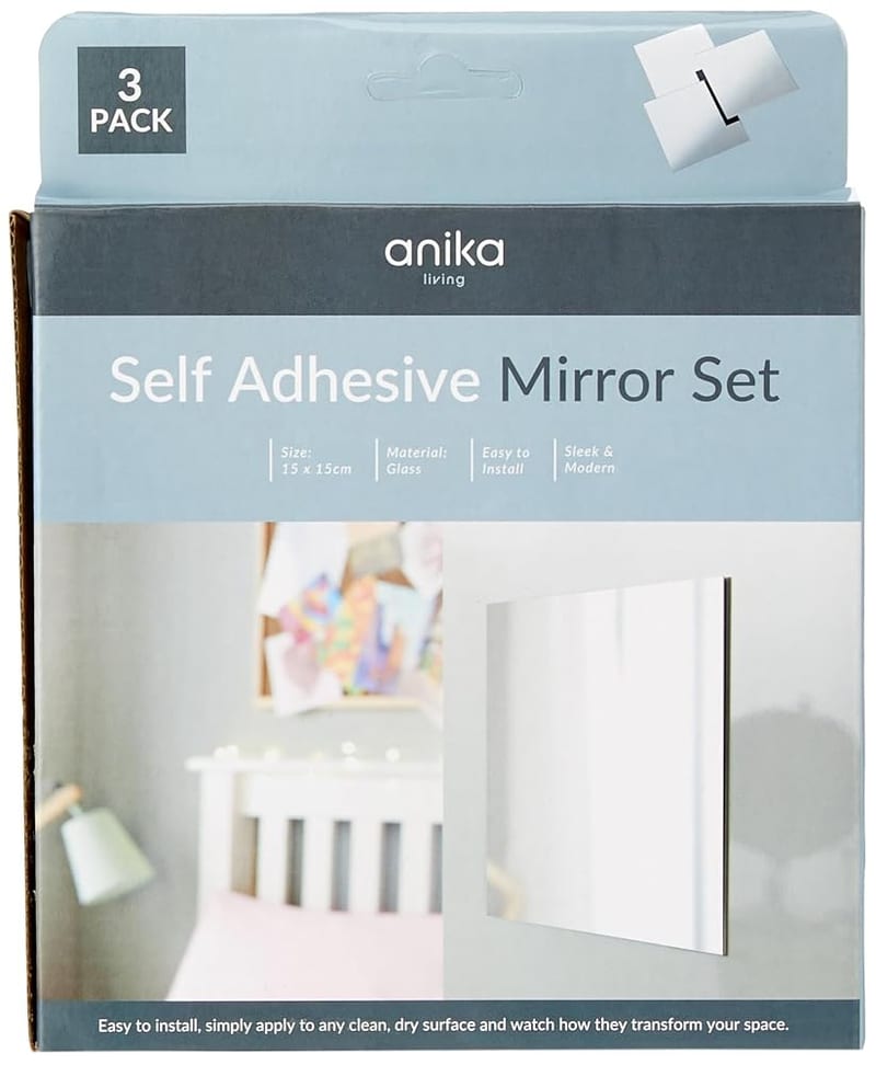Anika 60960 Pack of 3 Self Adhesive Square Mirrors 15cm, Versatile and Functional, Easy to Install, Sleek and Modern