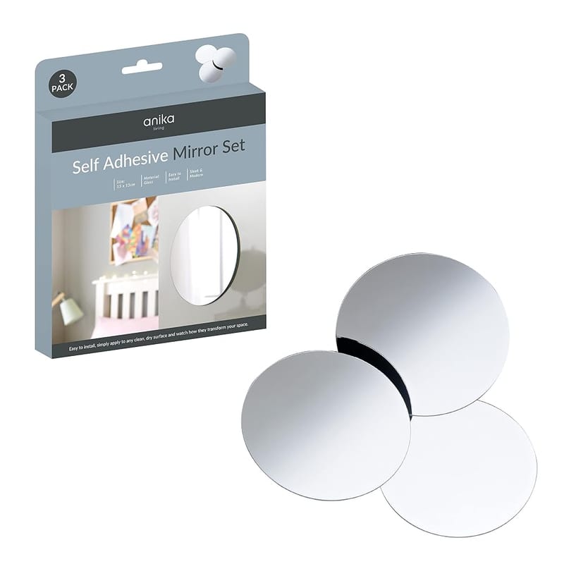 Anika 60130 Pack of 3 Self Adhesive Round Mirrors 15cm, Versatile and Functional, Easy to Install, Sleek and Modern