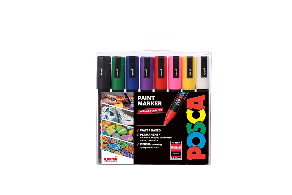 POSCA PC-5M Medium Tip Acrylic Paint Marker Pens, 8 Assorted Colours, For All Surfaces