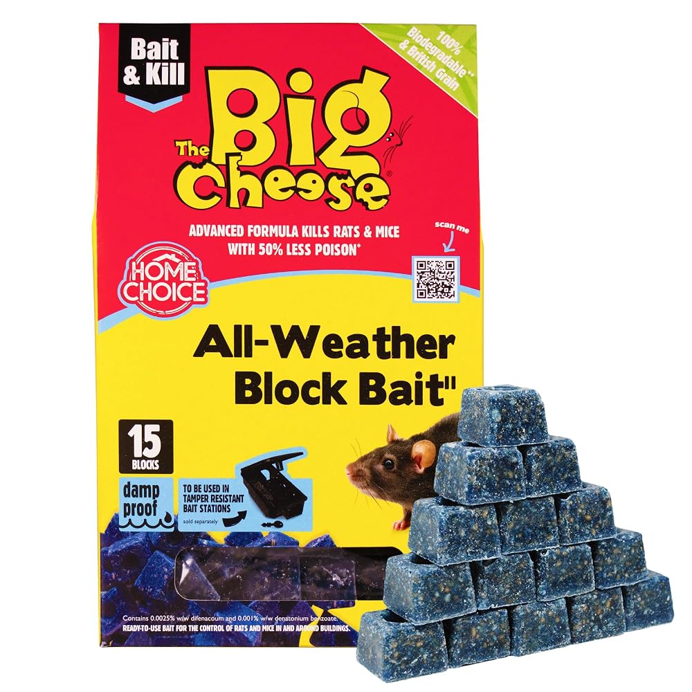 The Big Cheese All-Weather Bait Block - 15 x 10g, Kills Mice and Rats, Pest Control Product - Rat Killer For Mouse Traps, Damp-Proof, Weather-Resistant - Super Strength Rat Poisoning, Pet Safe