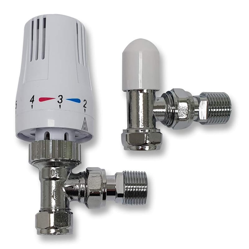 Kartell TRV Thermostatic Radiator Valve + Lockshield, 1/2" x 15mm Angled, White