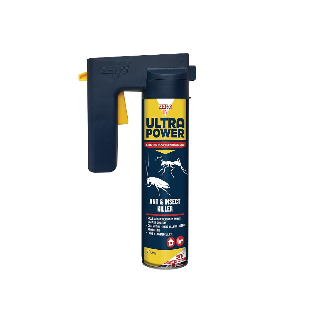 Zero In Ultra Power Ant & Insect Killer - 600 ml Trigger Aerosol Indoor Use Professional Strength Long-lasting Protection Kills Cockroaches, Earwigs, Woodlice and Silverfish, Blue