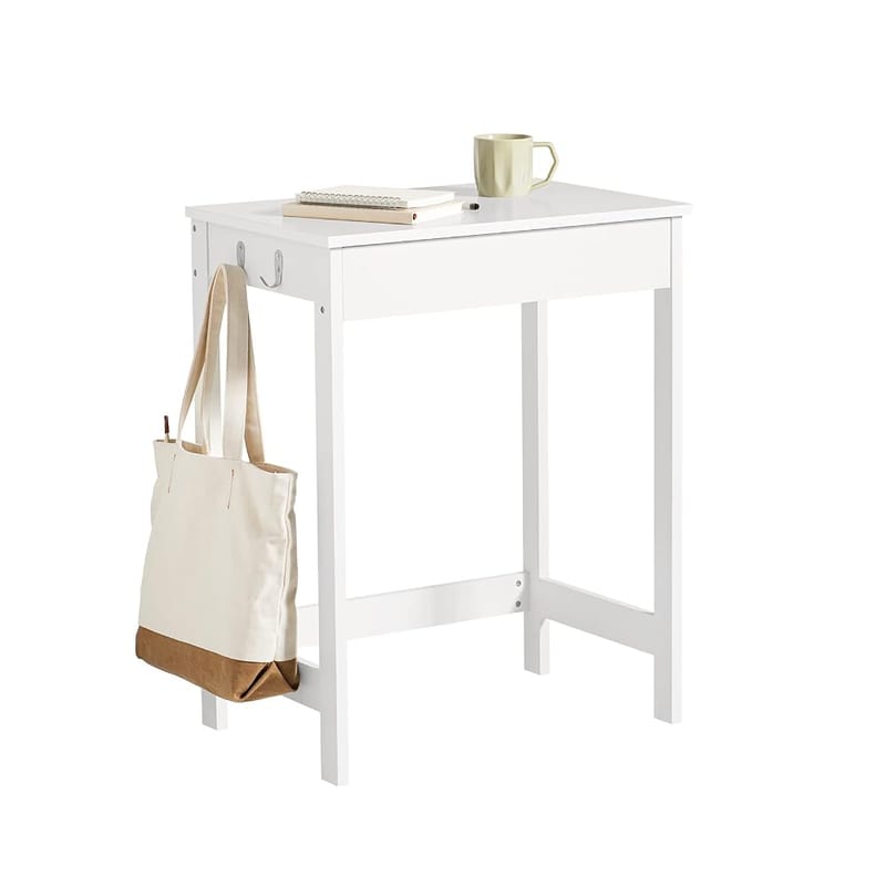SoBuy Small Desk 60cm Wide with Drawer and Hooks, Wooden Computer Desk with Iron Frame, Compact Writing Table for Kids Bedrooms & Small Spaces, White