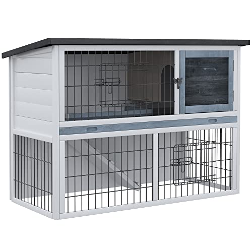 PawHut Rabbit Run Wooden Rabbit Hutch Cage 6ft with Wire Mesh, Openable Roof, Play Space for Outdoor