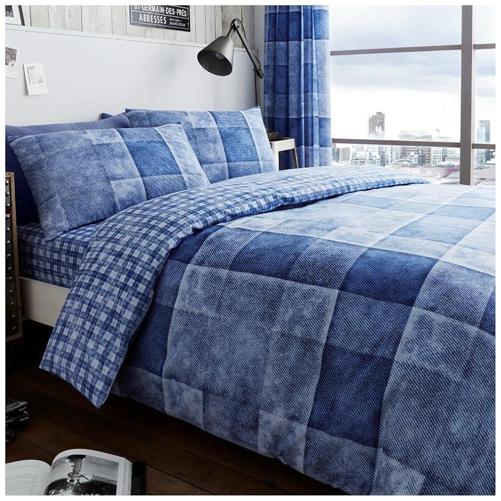 GC GAVENO CAVAILIA Polycotton Checked Duvet Cover Double (200cm x 200cm), Quilt Bedding Set with 2 Pillow Cases, Blue