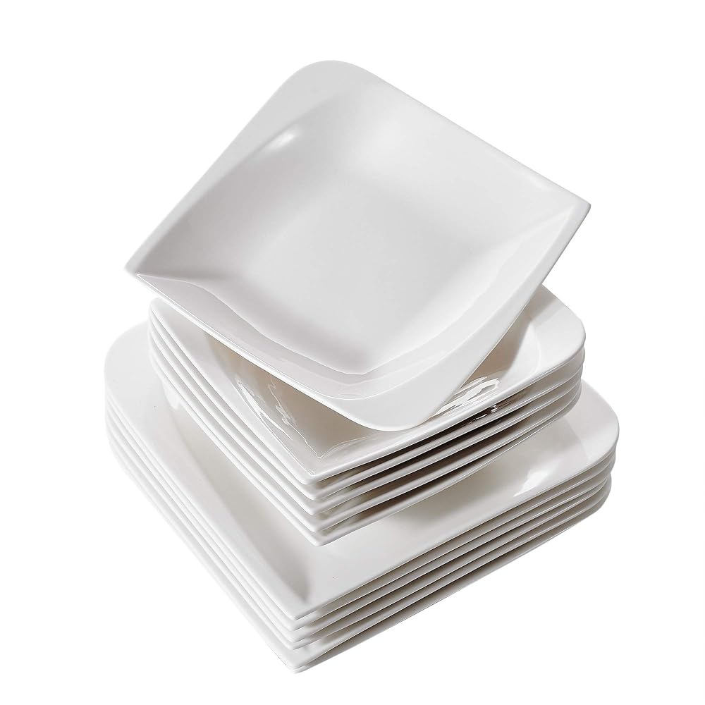 vancasso Porcelain Dinner Sets for 6 People, Ivory White Dinner Service Plates Set, 12 Piece Cloris Square Dinnerware Set with 10.5in Dinner Plate and 570ml Pasta Bowls