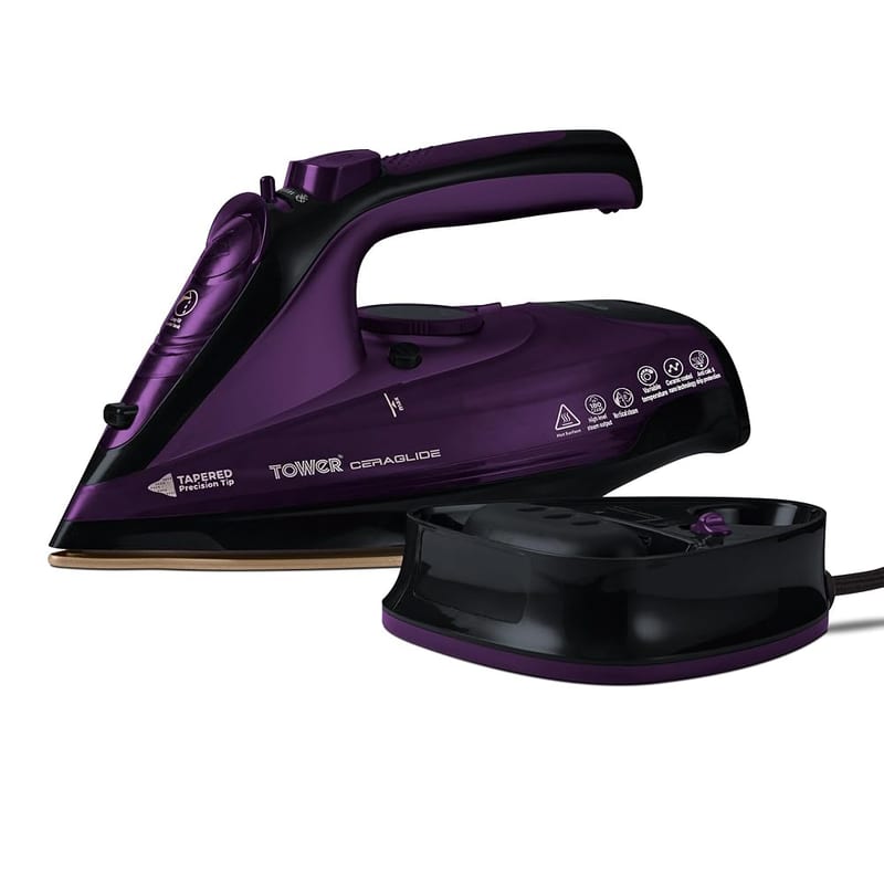 Tower T22008 CeraGlide Cordless Steam Iron with Ceramic Soleplate and Variable Steam Function, 2400W, Purple