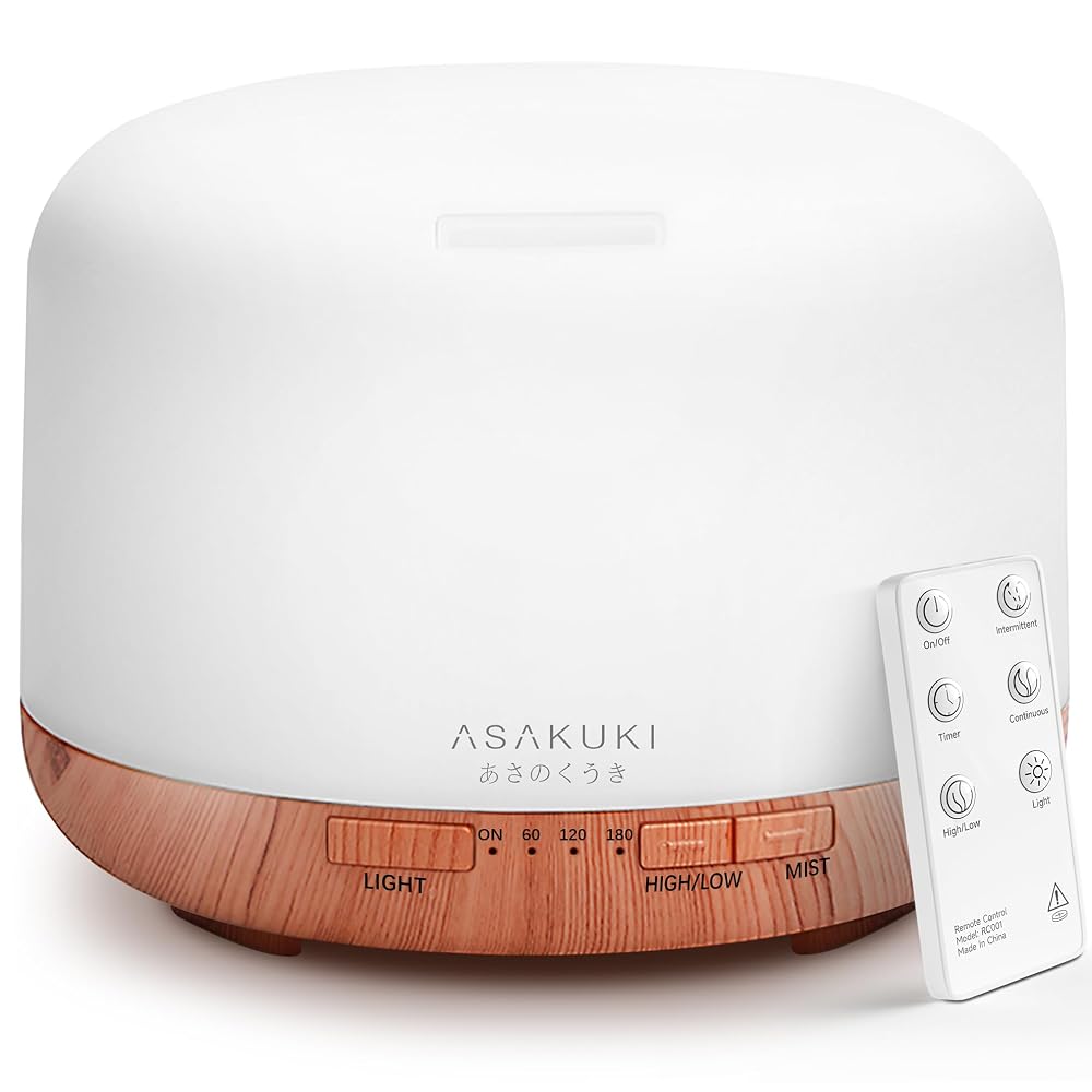 ASAKUKI 500ml Essential Oil Diffuser, 5-in-1 Ultrasonic Diffuser Humidifier with 7 LED Colour Light