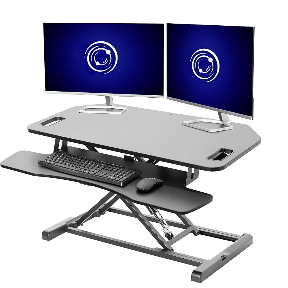 VIVO Extra Wide Corner Height Adjustable 97 cm Stand up Desk Converter, Sit Stand Tabletop Dual Monitor and Laptop Riser Workstation, Black