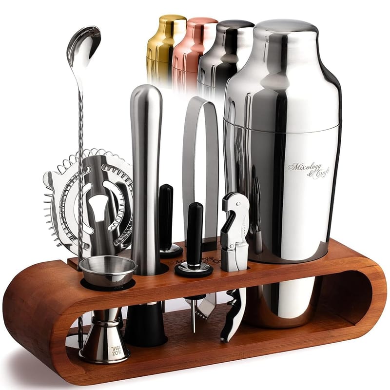 Mixology Cocktail Shaker Set - 10-Piece Cocktail Making Set - Home Bartender Kit in Bamboo Stand