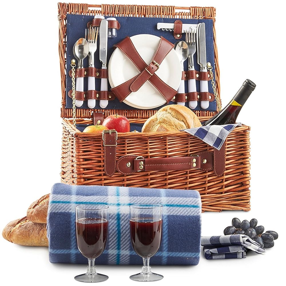 VonShef Deluxe 2 Person Wicker Picnic Basket Hamper with Cutlery, Plates, Glasses and Fleece Blanket