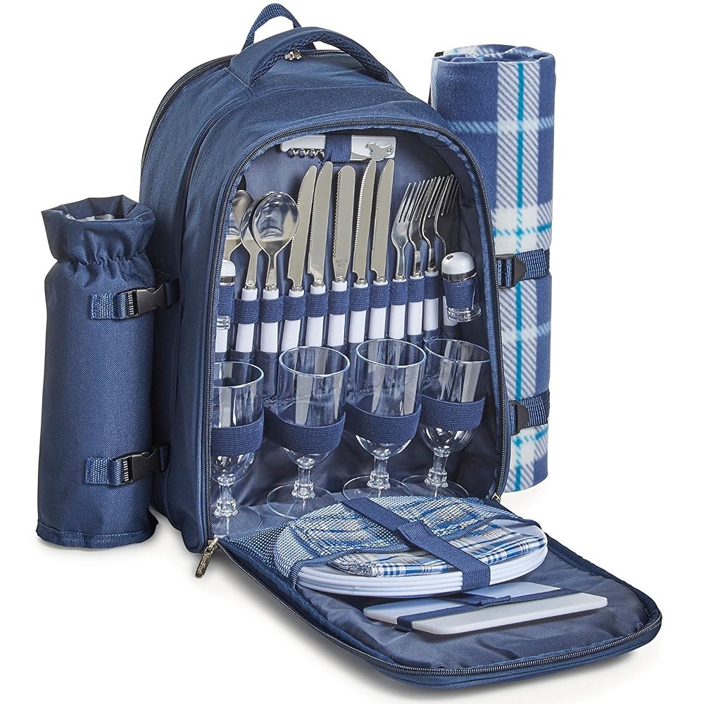 VonShef Picnic Backpack, 4 Person Navy Picnic Bag with Cutlery Set and Waterproof Blanket