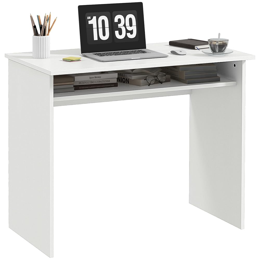 HOMCOM Modern Computer Desk, Home Office Table with Storage Shelf, 90 x 50cm, White Wood Grain