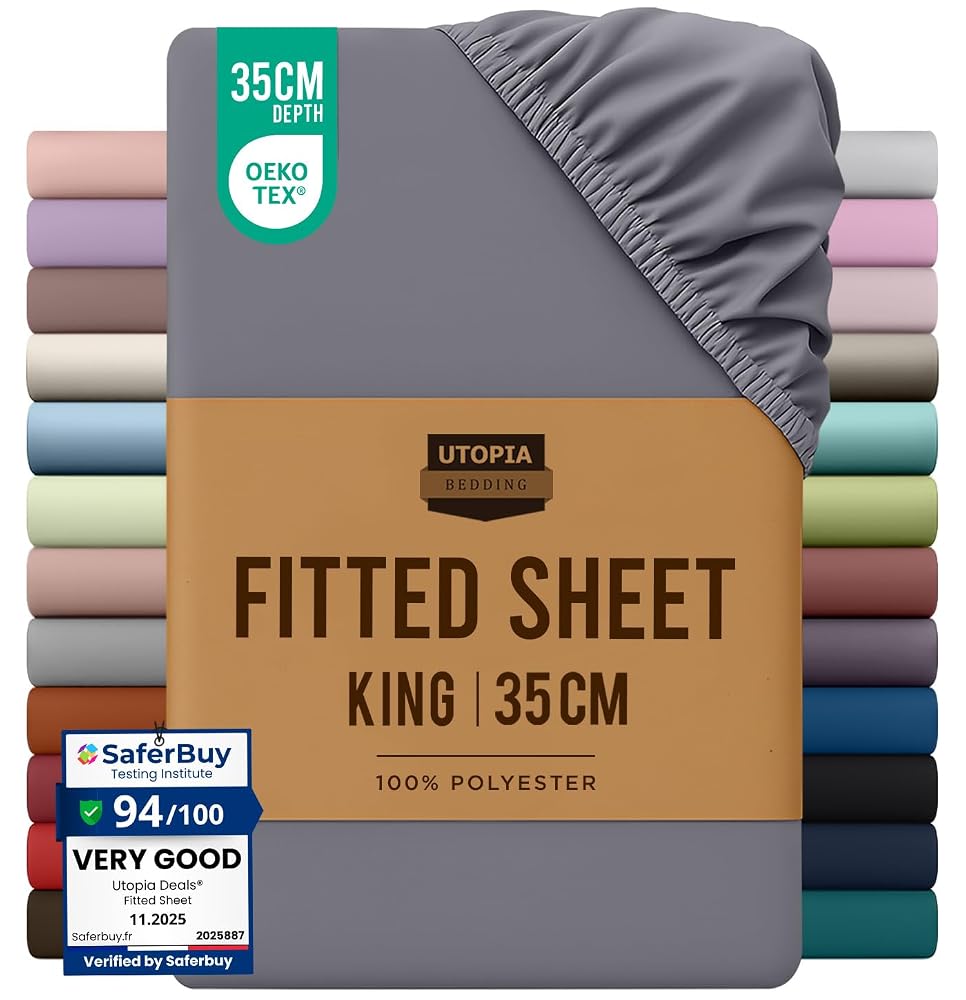 Utopia Bedding King Size Fitted Sheet, Grey, Deep Pocket 35cm, Oeko-Tex Certified, Non-Iron Wrinkle-Free Soft Brushed Microfibre