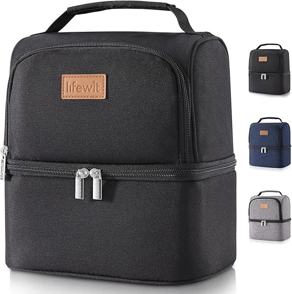 Lifewit Double Compartment Insulated Lunch Bag, Black | 7L Thermal Lunch Bag with Handle for Men, Small Cooler Bag Fits Lunch Box for Work, School, Picnic