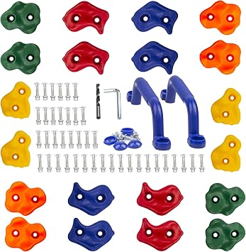 KINSPORY Rock Climbing Holds, 20PCS Climbing Wall Holds for Kids | Colourful Climbing Set with Two Blue Handles for Indoor Outdoor Playground PlaySet Building