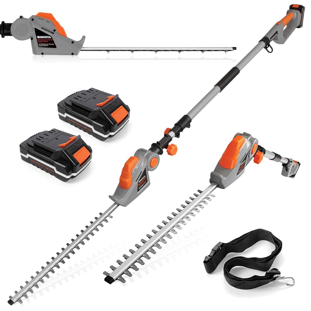 Terratek Cordless Hedge Trimmer Long Reach 20V, 2.4m Telescopic, 2x Batteries