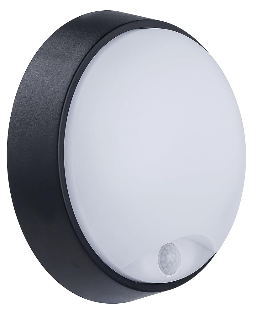 Luceco Eco Outdoor LED Bulkhead Light with PIR Motion Sensor, Round, Black, IP54, 10W